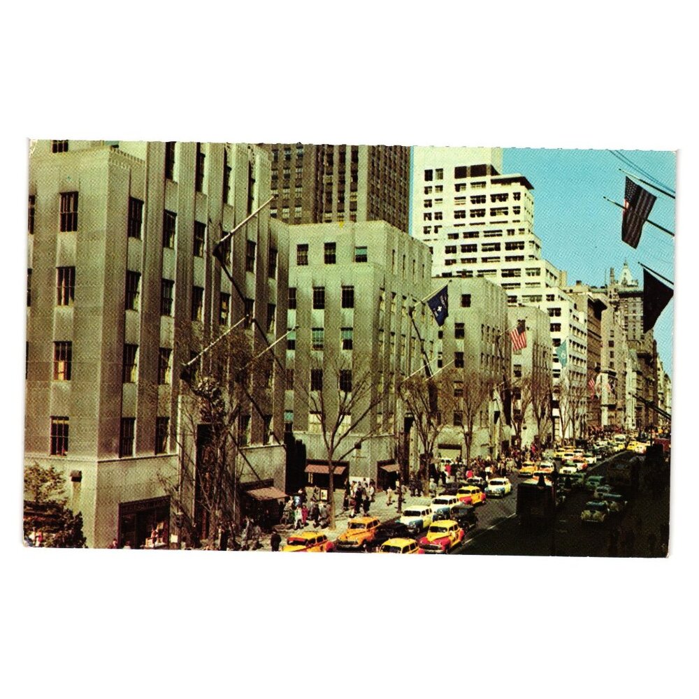 Vintage Postcard Fifth Avenue Rockefeller Center District NYC Cabs Buildings